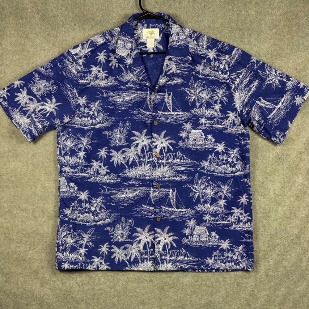 Ho Aloha Hawaiian Button Down Shirt Tropical Island Print XL Blue White